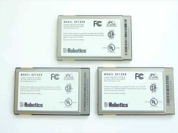 Rear label of US Robotics SP1336 PC Card Modem showing FCC, PC Card, CSA, and UL certifications with regulatory text
