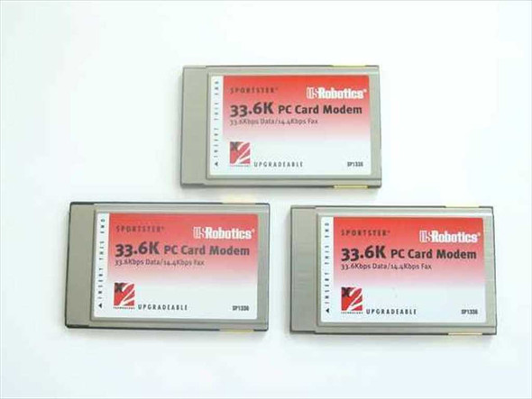 Three US Robotics Sportster SP1336 33.6K PC Card Modems shown face-up, displaying red and silver label with brand and model markings
