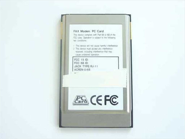 D8 FM566C-KF 56K PCMCIA Fax Modem PC Card – rear label showing FCC ID, Jack Type RJ-11, PC Card and CE/FC markings