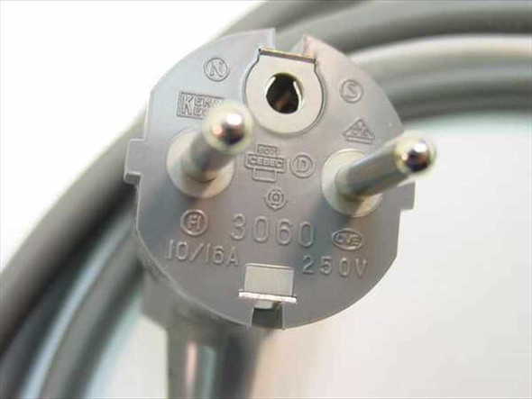 Close-up of Schuko plug end showing model 3060 marking, 10/16A 250V rating, and OVE CEBEC certification marks
