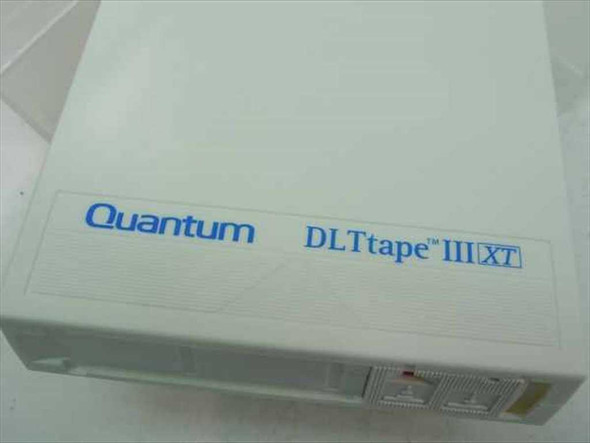 Close-up of Quantum DLTtape III XT branding label on front face of white tape cartridge