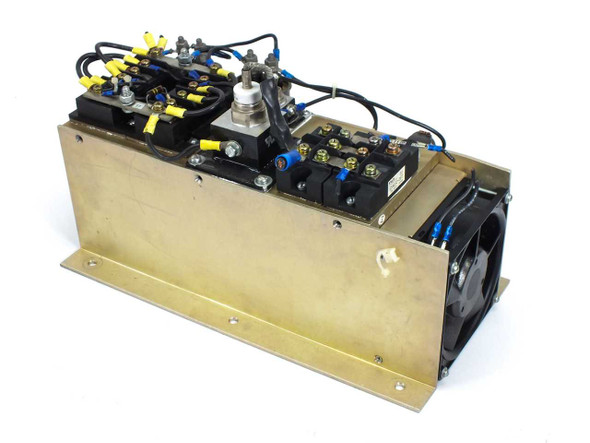 Fuji Electric ESAG32-06T heat sink assembly – three-quarter rear view showing opposite side of brass chassis with fan and top-mounted components
