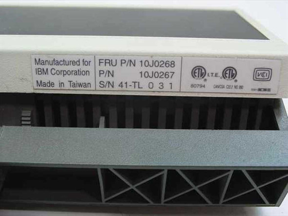 IBM 10J0268 LED customer display – label closeup showing FRU P/N 10J0268, P/N 10J0267, S/N 41-TL 031, Made in Taiwan, ETL and VCCI certifications