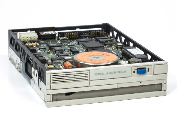Iomega Beta 150A Bernoulli Multi-Format removable disk drive – angled front view showing drive bay and open top with PCB exposed