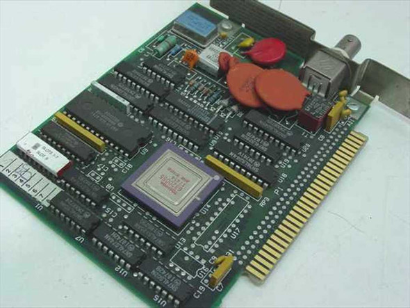 IBM 56X4927 ISA network card – top-down front view showing large VLSI controller IC, multiple DIP ICs, and coax connector
