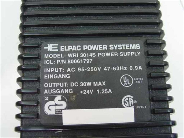 Elpac Power Systems WRI3014S label showing model, ICL P/N 80061797, input AC 95-250V 47-63Hz 0.9A, output DC 30W max 24V 1.25A, UL and GS certifications