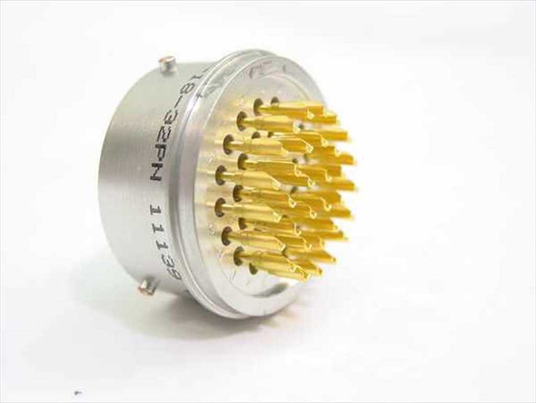 Deutsch 46099-18-32 32-pin circular connector — front face showing gold pin contacts arrayed in brown phenolic insulator, aluminum shell, with partial label markings visible