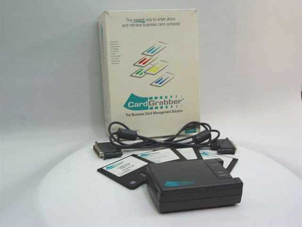 Pacific Crest Technologies PCT-5500 CardGrabber scanner shown with retail box, parallel cable, software floppy disks, and sample business cards