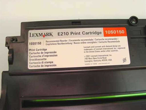 Lexmark 10S0150 E210 Print Cartridge – close-up of label showing part number and multilingual text