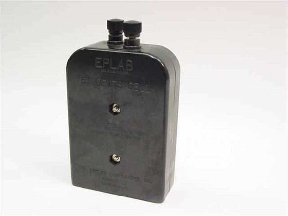 Eppley EPLAB Students' Cell – three-quarter angle view showing black Bakelite case, two top binding posts, and Eppley Laboratory Inc markings