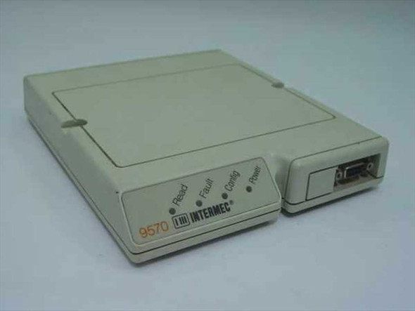 Intermec 9570 Wedge Barcode Reader – front and right-side view showing Read, Fault, Config, and Power LED indicators, model label, and DB9 port