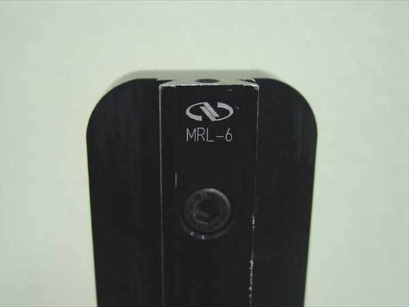 Newport MRL-6 post stand top closeup showing Newport logo and MRL-6 model designation engraved on black anodized aluminum