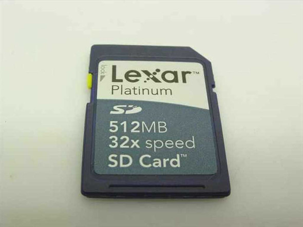 Lexar Platinum SD512-32 512MB 32x Speed SD Card – front label view showing branding and capacity