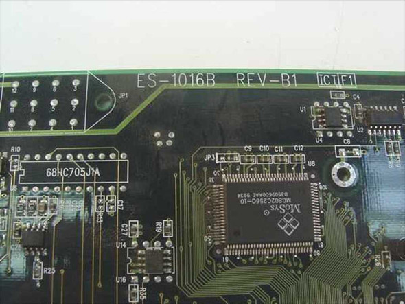 Zyxel ES-1016B Rev B1 PCB close-up showing board label, MoSys chip markings, and 68HC705J1A microcontroller
