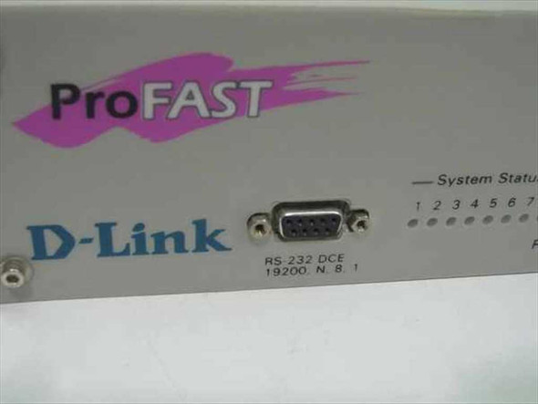 D-Link DES-2205 ProFAST – close-up of front panel showing RS-232 DCE DB-9 connector labeled 19200 N 8 1 and system status LED indicators