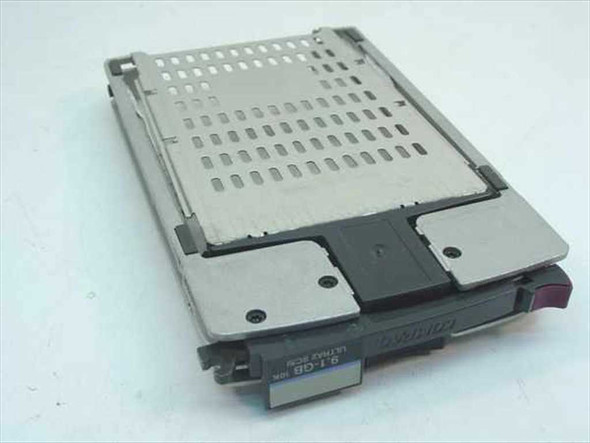 Compaq 386536-001 9.1GB Ultra2 SCSI hot-plug drive tray – rear and side view showing tray body, latch mechanism, and drive mounting surface