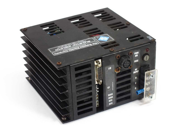 Superior Electric Slo-Syn 430-PTO Oscillator Motor Drive – angled front-right view showing DB-15 I/O port, 8-pin circular connector, DIP switch array, and screw-terminal AC input block