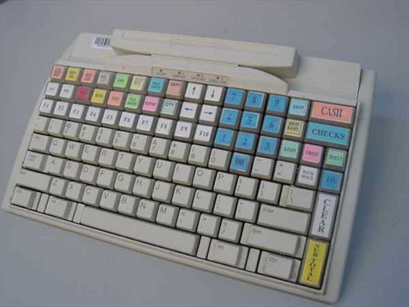Preh Commander MC128WX 90320-201 programmable 128-key POS keyboard — full top-down view showing color-coded key caps and card reader slot