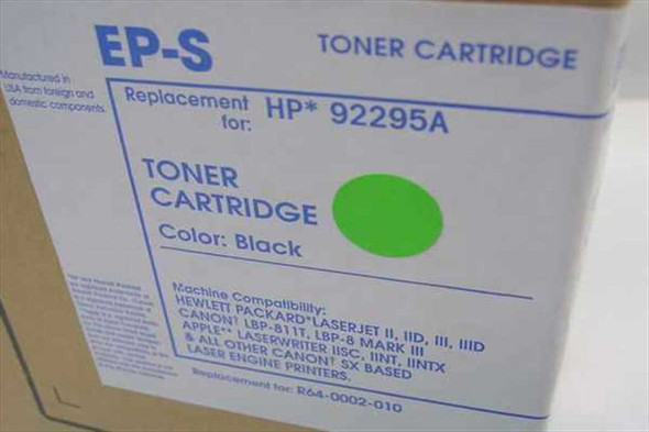 EP-S toner cartridge box label showing HP 92295A replacement, black toner, and machine compatibility list