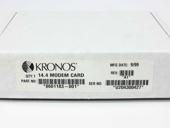 Kronos 8601183-001 box label showing part number, qty 1, 14.4 modem card, MFG date 9/99, Rev A1, serial number