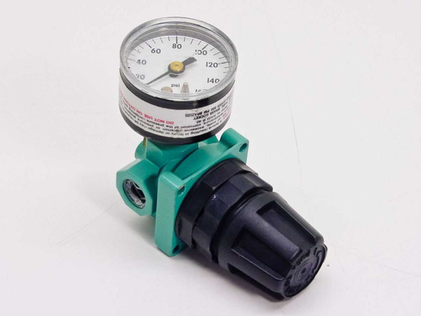 Dixon R00-02R mini pneumatic pressure regulator front view with Ashcroft 0-160 PSI gauge mounted on top