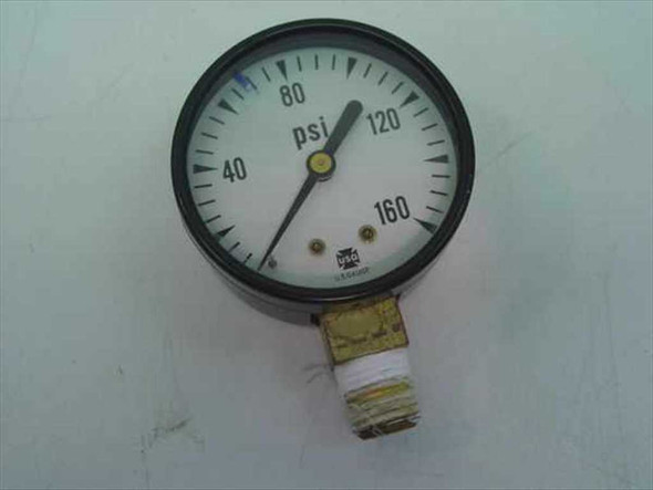 USG P500 pressure gauge front face showing 0-160 PSI analog dial with black case and bottom-mount brass NPT fitting