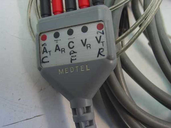Medtel 114-510 ECG cable junction block close-up showing labeled lead terminals: AT/C, AR, CF, VR, VT/R with Medtel branding