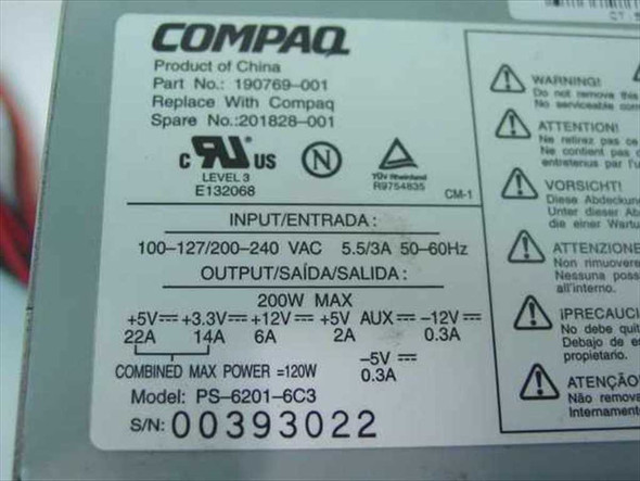 Compaq PS-6201-6C3 power supply label showing part number 201828-001, input/output specs, and serial number