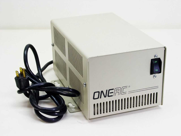 ONEAC CP1107 AC Line Conditioner — front-right three-quarter view showing ONEAC logo, ventilation slots, power cord, and ON/OFF rocker switch
