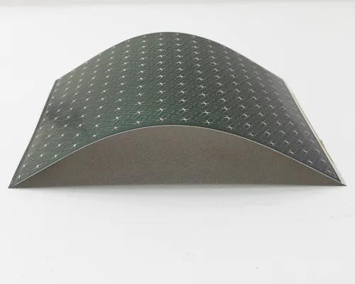 Nanosolar NanoCell CIGS solar cell bent to show flexibility of thin aluminum substrate — side profile view