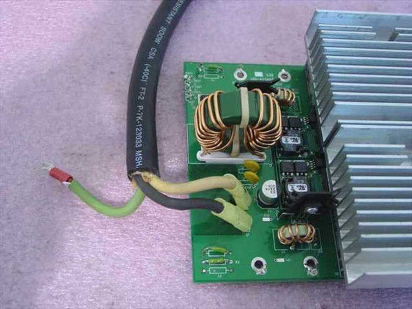 V-Infinity PTK15-Q48-S5 – close-up of input wiring harness side with toroidal inductors and green PCB