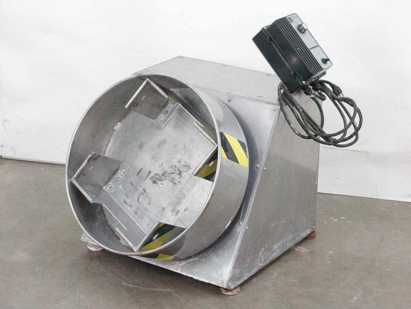 Bodine Electric FPM 855 stainless steel rotary drum mixer front view showing 21-inch drum opening with yellow warning chevrons and FPM speed controller mounted on top