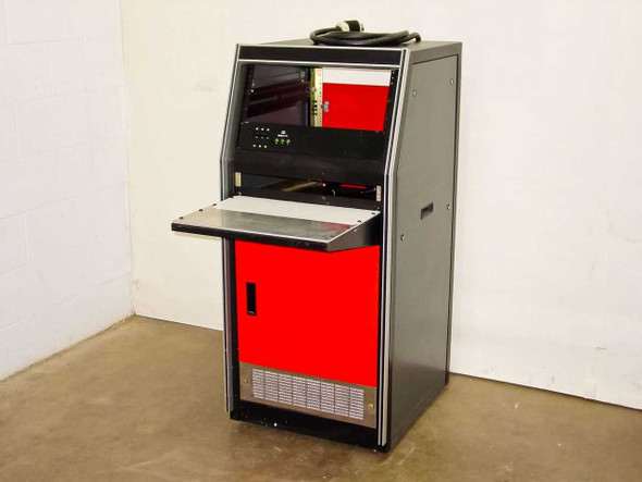 Premier Metals 19-inch rackmount cabinet with red lower door and extended work table deployed, front 3/4 angle view