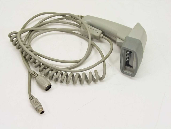 Unitech MS300-1 barcode scanner side view showing scanning window and coiled cable with connectors