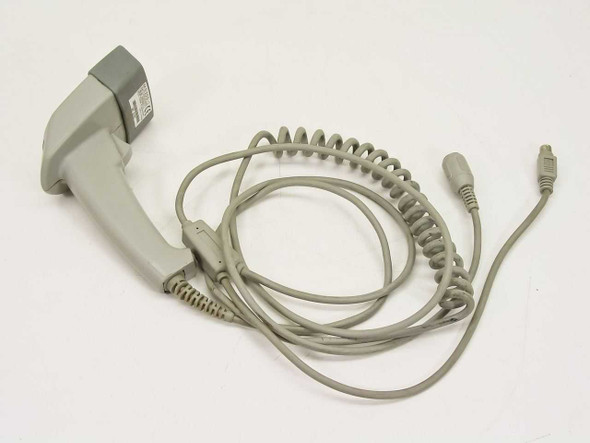 Unitech MS300-1 handheld barcode scanner full view with coiled PS/2 keyboard wedge cable