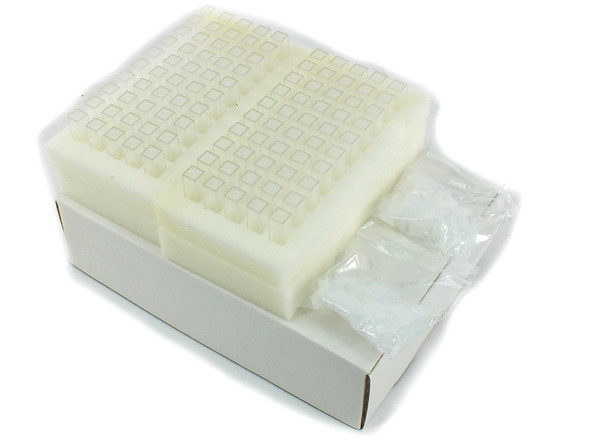 Brandtech macro cuvette lot — cuvette tray and bagged stopper caps removed from box, top view