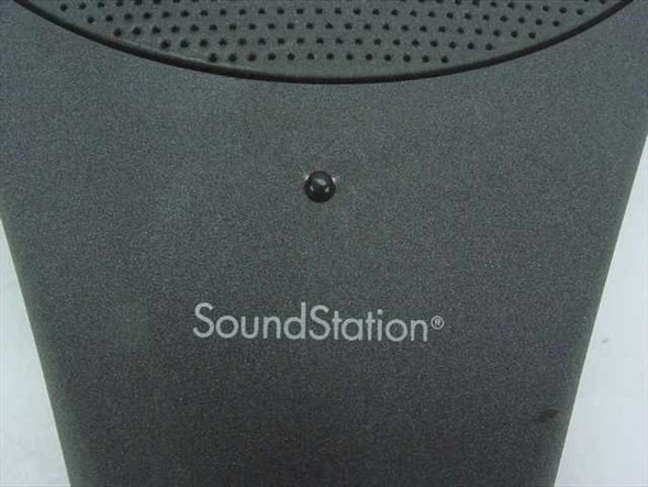 Polycom SoundStation close-up of rear panel showing SoundStation branding and microphone port screw