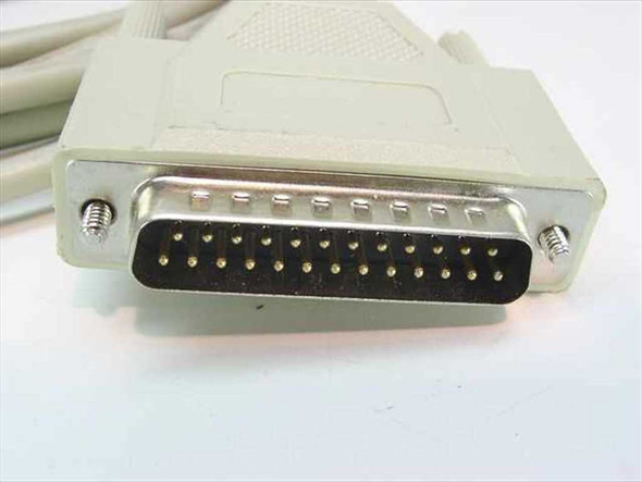 DB-25 male 25-pin connector end of RS-232 serial modem cable — close-up front view