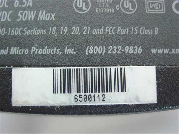 Gateway 6500112 Power Extender label closeup showing input 13-16V DC 6.5A, output 5-24V DC 50W max, barcode, and Xantrex Micro Products manufacturer info