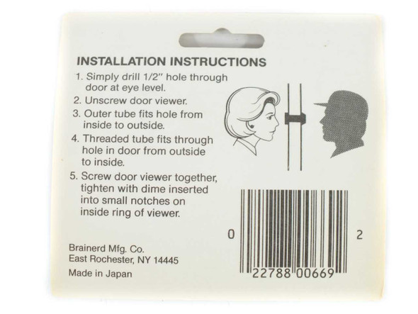 Brainerd 669XC Door Viewer — back of packaging showing installation instructions, UPC barcode, and Made in Japan label