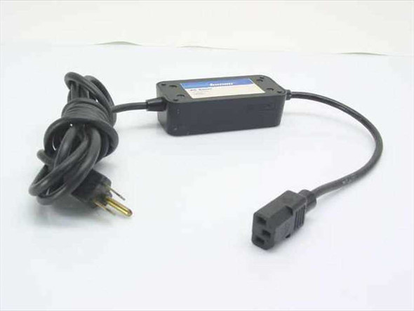 Inmac 6685 PC Saver inline module with attached US NEMA 5-15P AC line cord and IEC C13 output connector — full assembly view
