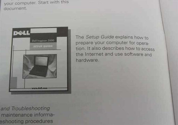 Dell Inspiron 3500 Setup Guide interior page describing the guide's contents covering setup, internet access, software and hardware