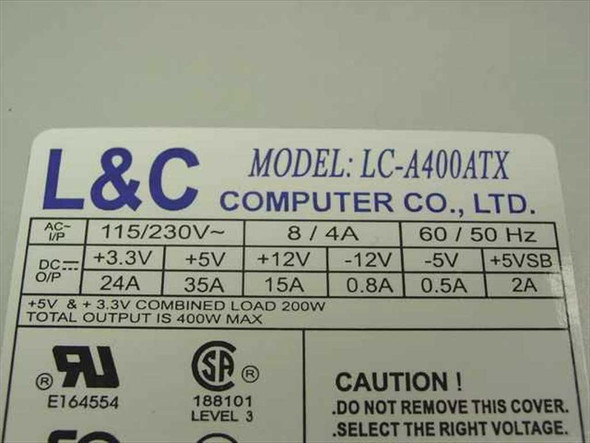 L&C LC-A400ATX power supply specification label showing model number, AC input 115/230V, DC output rails, and UL/CSA certifications