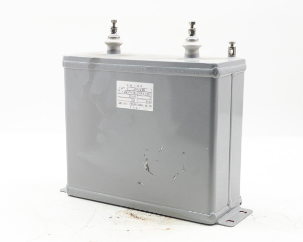 TOEI O82130 NH-OF 8.25kVDC 12µF high voltage DC capacitor – left-angle view showing gray metal enclosure, ceramic stud terminals, and base flange mount