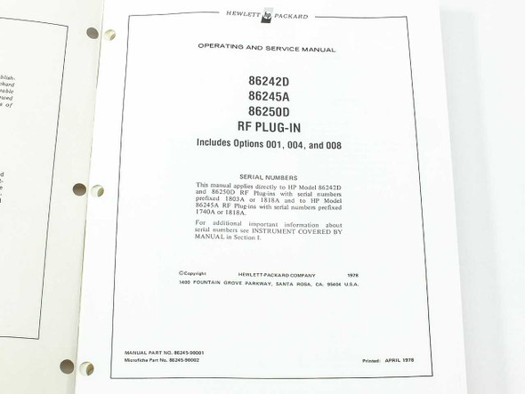 HP 86245-90001 manual title page showing model numbers 86242D, 86245A, 86250D, options covered, serial number prefix information, manual and microfiche part numbers, and April 1978 print date