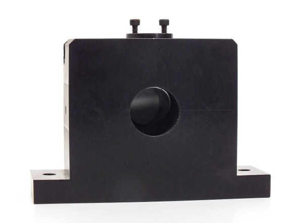 45-degree aluminum optics block front view showing 1-inch circular optical port and two top set screws with base mounting flanges