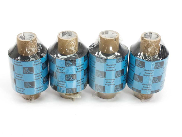 Zebra 5319 FZB06419LJ Black Performance Wax Ribbon lot of 4 rolls — front view showing blue Zebra branded wrapping