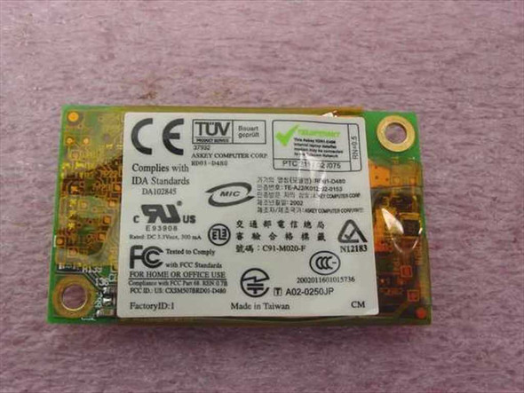 Conexant RD01-D480 Mini PCI modem card – front label view showing Askey branding, CE, TUV, FCC markings, and IDA DA102845 compliance