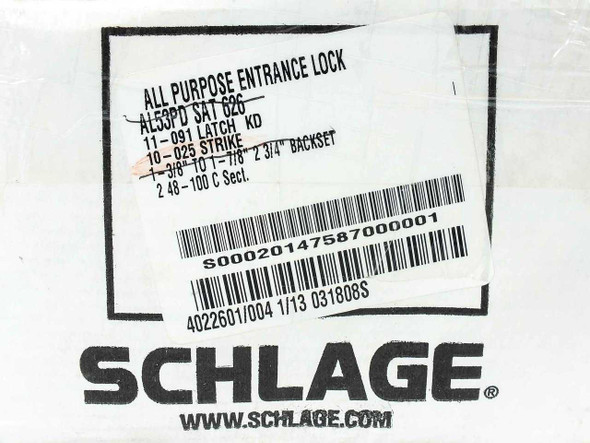 Schlage AL53PD SAT 626 box label showing model, latch number 11-091, strike 10-025, door range 1-3/8 to 1-7/8, 2-3/4 backset, and C keyway designation