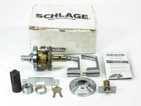 Schlage AL53PD SAT 626 cylindrical entrance lock full kit with original Schlage box, lever handles, chassis, latch, rose, keys, and hardware